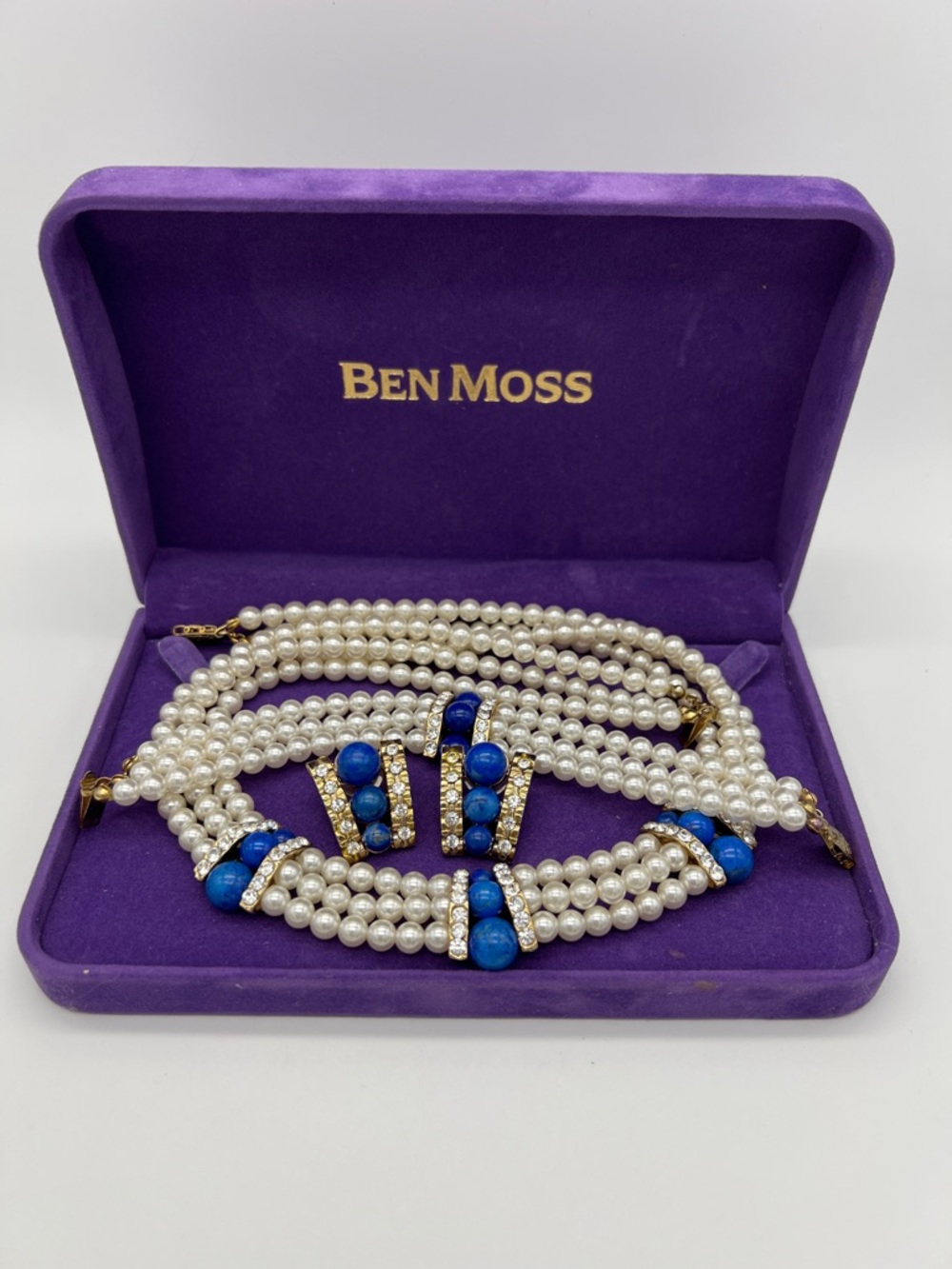 VINTAGE Faux Pearl Set • Blue Stone • Rhinestone • Necklace Bracelet Earrings